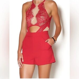 Luxxel Red Lace Cutout Romper ❤️